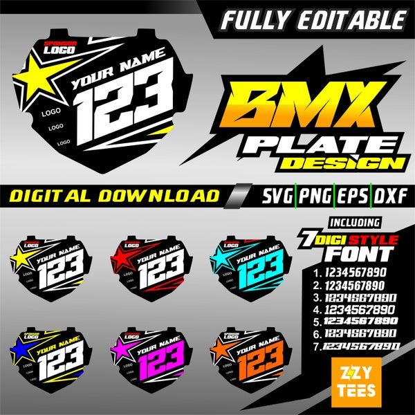 BMX Custom Racing Plate MX Design mit kostenlosen 7 digitalen Zahlen Schriftart, Motocross svg, Motocross Bike, SVG zum Schneiden und Drucken
