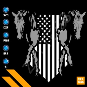 May include: A black and white silhouette of two horses standing side-by-side in front of an American flag. The horses are facing forward with their heads held high. The flag is in the shape of a shield.