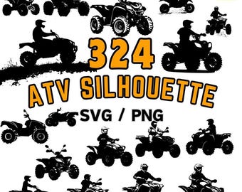 May include: A collection of 324 ATV silhouette graphics in black, with some riders. The text "324 ATV SILHOUETTE SVG / PNG" is displayed in orange and black. The background is white.