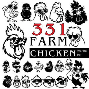 Könnte beinhalten: Schwarz-Weiß-Illustrationen von Hühnern mit Sonnenbrillen. Das Bild enthält den Text "331 FARM CHICKEN" und die Dateiformate "SVG / PNG PDF". Die Hühner sind in verschiedenen Posen dargestellt.