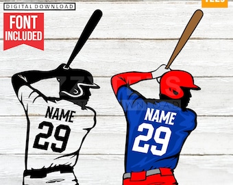 May include: A layered SVG and PNG digital download of a baseball player in a batting stance. The player is wearing a blue jersey with a white number 29 and the word "NAME" on the back. The player is also wearing a red helmet and red pants. The image is on a woodgrain background.