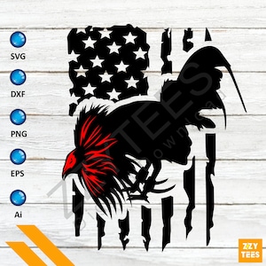 Può includere: Silhouette nera e rossa di un gallo in piedi davanti a una bandiera americana usurata. La bandiera ha stelle bianche su sfondo nero e strisce rosse e bianche.