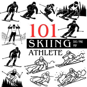May include: A collection of black and white vector illustrations featuring various skiing athletes in motion, including figures on slopes and near trees. The image includes the red and black text 101 SKIING ATHLETE SVG / PNG PDF.