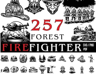Op de afbeelding: Zwart-wit illustraties van brandweermateriaal en -scènes. Bevat een brandweerhelm, een watergooiend vliegtuig en een groep brandweerlieden. De tekst luidt "257 FOREST FIREFIGHTER".