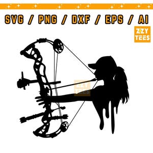 Arquera SVG, Clipart de caza con arco, Silueta de arquera, Arco compuesto PNG, Diseño vectorial de cazadora, Archivo de corte Cricut, Descarga digital