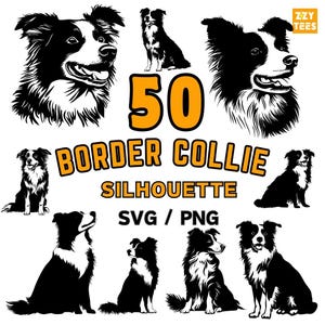 50 Border Collie Silhouette SVG PNG Dog Clipart Digital Download Puppy Cut File for Cricut Sublimation Pet Vector Art Designs