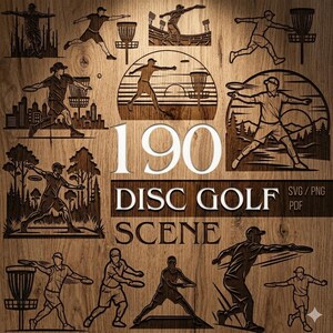 Puede incluir: Una colección de ilustraciones gráficas de color marrón oscuro sobre un fondo de veta de madera que muestra a personas jugando al disc golf. Las imágenes muestran varias poses de lanzamiento y cestas. El texto dice 190 DISC GOLF SCENE SVG / PNG PDF.