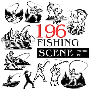 Puede incluir: Una colección de 196 ilustraciones de escenas de pesca en blanco y negro. Las imágenes representan diversas situaciones de pesca, incluyendo pescadores en botes, cerca de árboles y frente a paisajes urbanos. El texto "196 FISHING SCENE" se muestra en rojo y blanco.