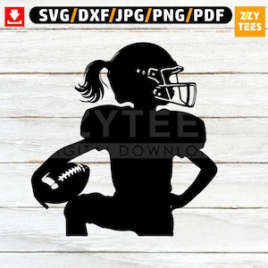 Fútbol femenino SVG PNG DXF, silueta de jugadora de fútbol femenino, archivo de corte de fútbol americano para Cricut, diseño digital para amantes del deporte