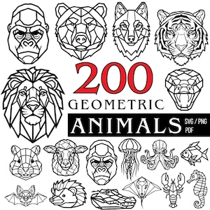 May include: An image showcasing 200 geometric animal designs available in SVG, PNG, and PDF formats. The illustration includes a variety of animal faces such as a gorilla, bear, wolf, tiger, and lion, all presented in a low-poly geometric style.