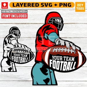 May include: A layered SVG and PNG digital download of a football player holding a football. The football is brown and white with the text "YOUR TEAM FOOTBALL" on it. The player is wearing a red jersey, blue pants, and a black helmet.