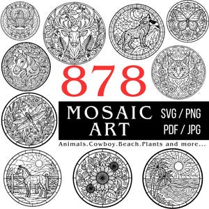 Peut inclure: Une collection de dessins au trait circulaires en noir et blanc représentant des animaux et des scènes de nature. Le texte 878 MOSAIC ART SVG / PNG PDF / JPG Animals.Cowboy.Beach.Plants and more est affiché en rouge et blanc sur fond noir.