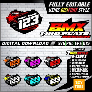 Plaque de course personnalisée bmx, police numérique gratuite de 7 numéros de conception mx, vélo de motocross, fichier coupé svg, png, eps, dxf pour le fichier de découpe et les impressions