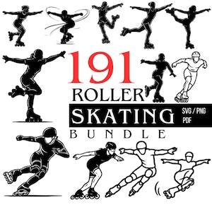 May include: A digital collection of 191 roller skating graphics featuring various silhouettes and line art illustrations of individuals on roller skates in dynamic poses, with the text 191 ROLLER SKATING BUNDLE SVG / PNG PDF displayed centrally.