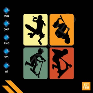 Esportes radicais Svg Png Dxf Eps Ai, Scooter BMX Motocross Snowboard Silhouette, Esportes de ação Clipart, Esportes retrô Vector, Aventura ao ar livre