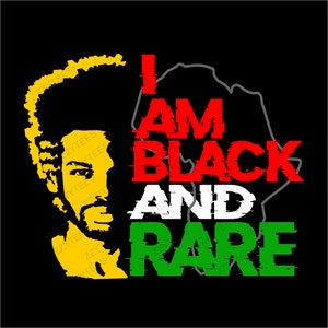 May include: A graphic design with a silhouette of the African continent and a portrait of a Black man with an afro. The text "I AM BLACK AND RARE" is in red, white, and green, with a glitch effect.