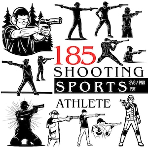 Puede incluir: Ilustraciones gráficas en blanco y negro de atletas de tiro deportivo en varias posturas, con el texto "185 SHOOTING SPORTS ATHLETE" en rojo y negro. Incluye formatos de archivo SVG, PNG y PDF.