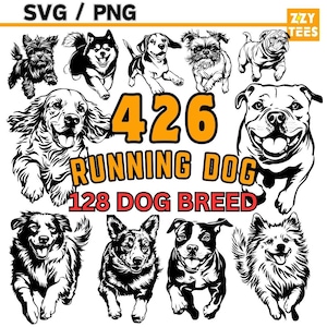 May include: A black and white illustration of 426 running dog breeds. The text "426 Running Dog 128 Dog Breed" is displayed in orange and red.