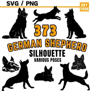 May include: A digital download of 8 black silhouette images of German Shepherd dogs in various poses. The images are labeled "373 German Shepherd Silhouette Various Poses".