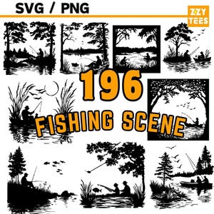 Puede incluir: Un conjunto de 10 ilustraciones en silueta en blanco y negro de escenas de pesca. Las ilustraciones representan personas pescando en un lago o río con árboles y otros elementos naturales en el fondo. El texto "196 FISHING SCENE" está incluido en la imagen.