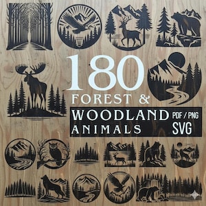 May include: A wooden panel features 180 forest and woodland animal designs in black. The designs include silhouettes of trees, mountains, deer, bears, eagles, and an owl. The text "FOREST & WOODLAND ANIMALS" is also present.