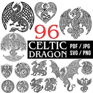 May include: A collection of 96 black and white digital illustrations featuring various dragon designs with intricate Celtic knotwork patterns. The image includes the text 96 CELTIC DRAGON PDF / JPG SVG / PNG displayed in red and white lettering.