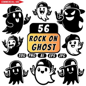 以下が含まれることがあります： 野球帽をかぶり、ロックオンのジェスチャーをしている白黒のゴーストイラストのコレクション。画像には「56 ROCK ON GHOST」というテキストと、ファイルタイプのインジケーター（SVG、PNG、AI、EPS、JPG）が含まれています。