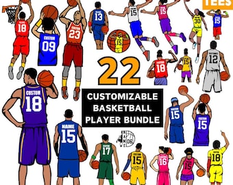 May include: A set of 22 customizable basketball player SVG and PNG files. The players are in various poses, some holding a basketball, some with their arms raised. The players are wearing different colored jerseys with numbers and names.