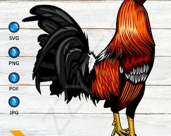 May include: A detailed illustration of a red and black rooster with a yellow beak and legs. The rooster is standing on a white wooden background.