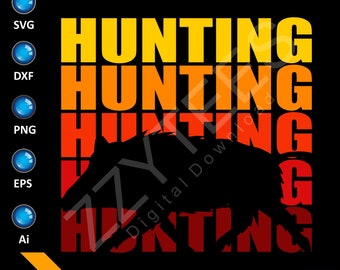 Boar Hunting Sunset Typography Art - Intricate 'HUNTING' Text with Hunter Silhouette - Digital Download