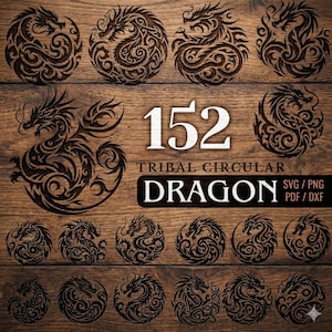 以下が含まれることがあります： 木製の背景に表示された、152の黒い部族の円形ドラゴンデザインのコレクション。デザインはSVG、PNG、PDF、DXF形式で利用できます。「DRAGON」という単語が大きく表示されています。