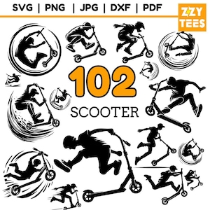 102 Scooter Stunt Silhouette Bundle, Extrem Scooter Rider Clipart, Skate Park Tricks SVG, Sport Scooter DXF, Springender Scooter PNG Pdf