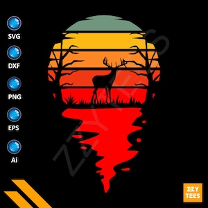 Sonnenuntergang Hirsch Silhouette Clipart: Jagd SVG, PNG, EPS (digitaler Download)