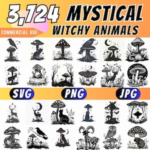 Puede incluir: Una colección de ilustraciones en blanco y negro con animales místicos y brujos. Los diseños incluyen cuervos, gatos, ciervos, setas y otras criaturas del bosque. La imagen incluye el texto "3,724 Mystical Witchy Animals" y "Commercial Use".