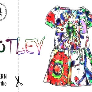 May include: A colorful off-the-shoulder dress pattern for Blythe dolls. The pattern is called "MOTLEY" and is printed on a white background with a sewing machine icon and the text "PATTERN for Blythe".