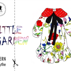 May include: A sewing pattern for a floral dress with a red collar and black bow. The pattern is for Blythe dolls and is titled "Little Garden".