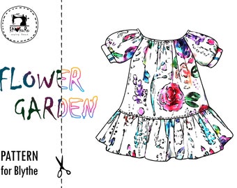 Puede incluir: Un patrón de costura para un vestido de estampado floral para una muñeca Blythe. El patrón se llama "Flower Garden" y incluye instrucciones para hacer el vestido.