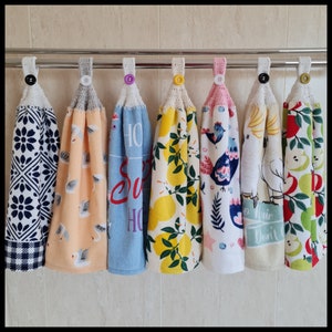 Beach Hanging Kitchen Towel, Sewn on Pot Holder with Button