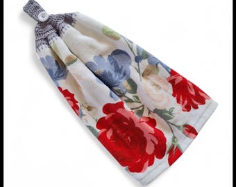 Hand Towel/Crochet Hand Towel/Crochet Tea Towel/Kitchen Hand Towel/Hanging Hand Towel/Tea Towel/Red Grey Roses/Flowers/Hand Towel with Loop