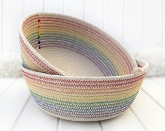 Rainbow coloured, natural cotton coiled rope bowl, rainbow stitching, storage solution, bedside catchall, Australian made, ready to ship