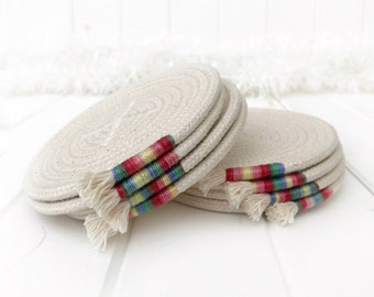 Multi colour trimmed coiled rope drink coasters, set of 4 rope coasters, absorbent mug rug, housewarming gift, dining table decor