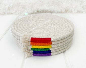 Rainbow drink coasters, set of 6 rope coasters, absorbent mug rug, housewarming gift, colourful kitchen decor