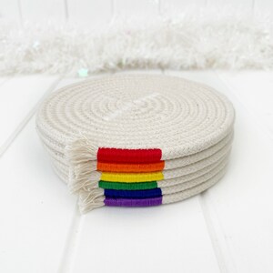 Rainbow drink coasters, set of 6 rope coasters, absorbent mug rug, housewarming gift, colourful kitchen decor