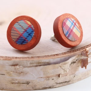 Fall Plaid Leather Stud Earrings: Autumn Tartan Jewelry