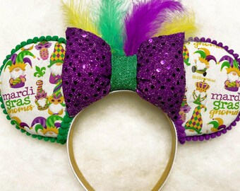 Mardi Gras Mouse Ears: Sequin Bow, Pompom Trim, and Feathers