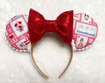 Valentines Minnie Ears, Red Bow, Love Stamps, Handmade Headband