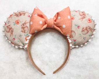 Bunny Mouse Ears: Floral Rabbit Print, Gold Trim Easter Ears