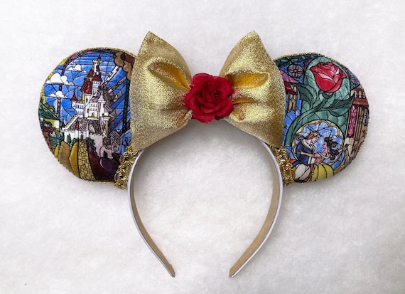 Disney Beauty & the Beast Stain Glass Inspired Gold & Red Rose Tiara Ears FIRST LOOK: 1990s Disney100 Decades Collection  main image 3