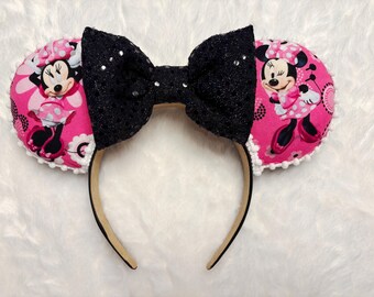 Handmade Minnie Mouse Ears, Pink Polka Dot, Black Bow Headband