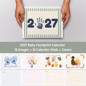 May include: A 2027 wall calendar featuring a cover with the text 2027 and a dark blue handprint. The calendar includes twelve monthly pages with seasonal illustrations, such as blue mittens, a floral bouquet, autumn leaves, and a turkey.